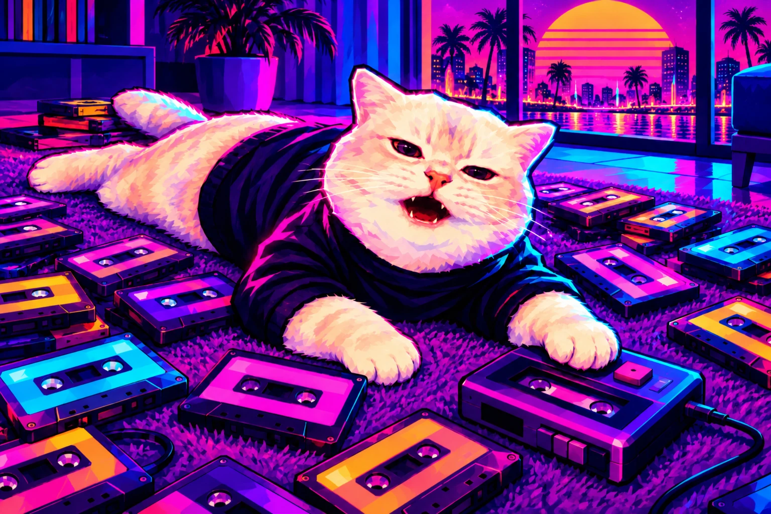 The cream cat taking a nap across a pile of cassette tapes
