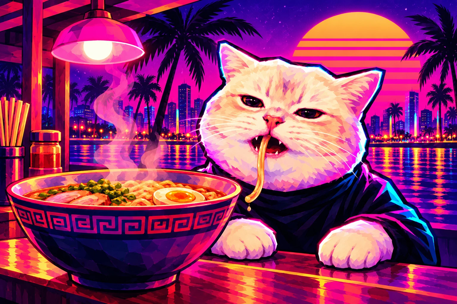 The cat pauses over a steaming bowl with a noodle dangling from its mouth