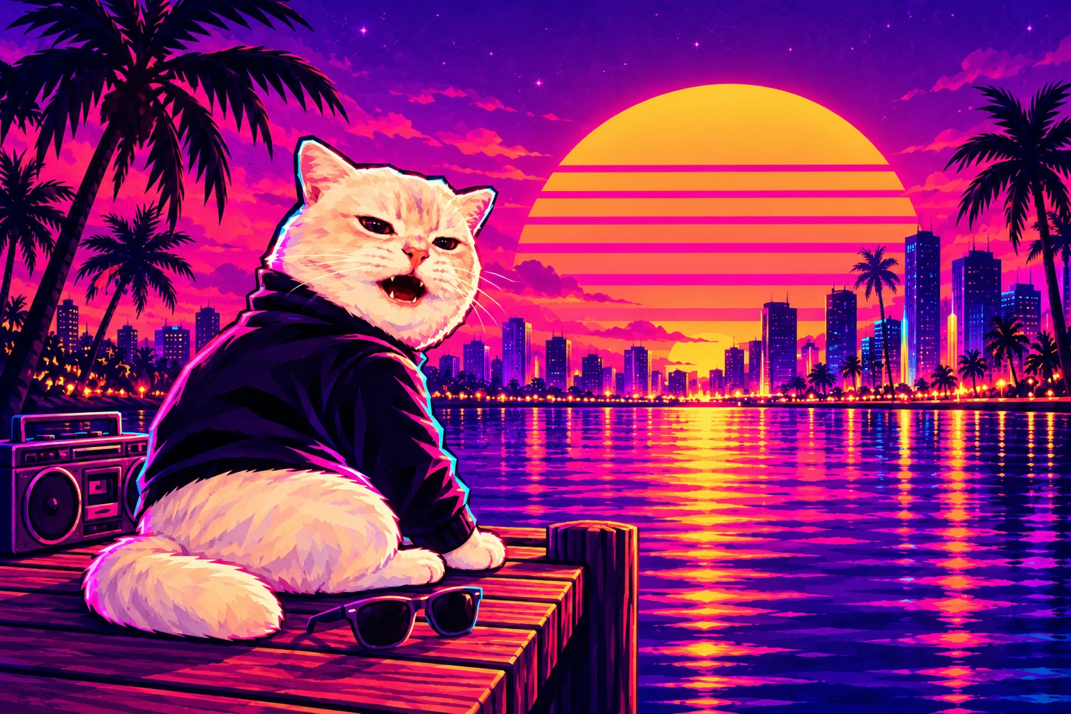 The cat at the end of a waterfront pier beside a boombox as the sun rises