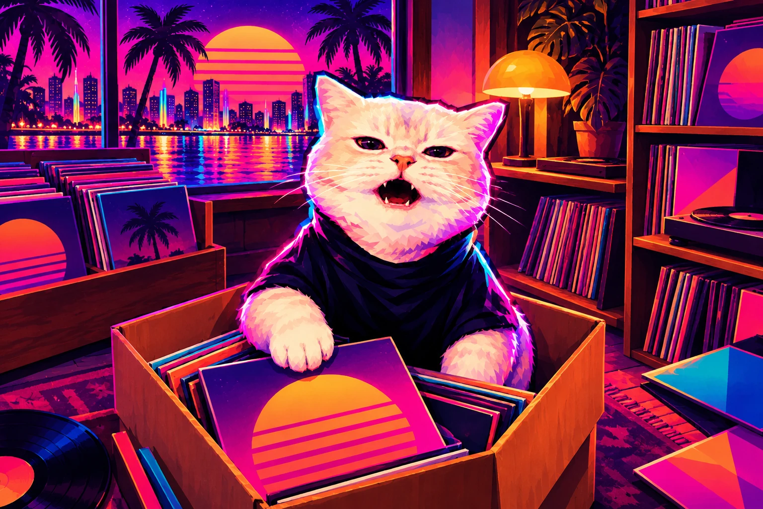 The cat sitting in a box of records at a waterfront record shop