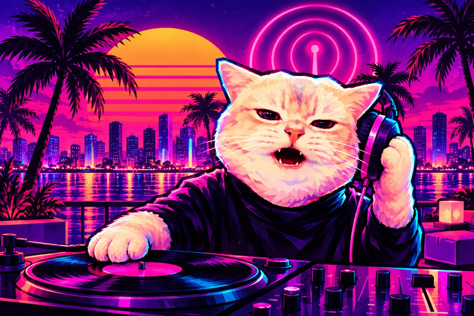 Sleepy cream cat working the turntable on a neon waterfront rooftop